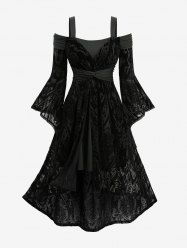 Robe asymétrique grande taille à épaules dénudées, manches évasées, flocage fleuri, ceinturée - Noir 4X | US 26-28