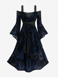 Plus Size Cold Shoulder Flare Sleeve Flower Flocking Belted High Low Asymmetric Dress -  