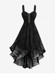 Gothic Plus Size Lily Flowers Flocking Lace Trim Ruched Asymmetrical Tank Dress -  
