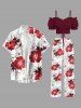 Ensemble de plage hawaïen assorti grande taille à imprimé floral hibiscus pour couples - Rouge foncé 