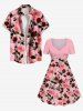 Robe cintrée grande taille à imprimé rose et feuilles pour la Saint-Valentin - Rose clair L