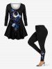 Plus Size Flowers Moon Gem Pendant Print Long Sleeves T-shirt -  