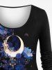 Plus Size Flowers Moon Gem Pendant Print Long Sleeves T-shirt -  