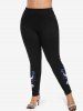 Leggings grande taille à imprimé fleurs et pendentif lune et pierre précieuse - Noir 5X