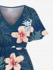 Plus Size Hibiscus Flower Tropical Leaf Print Split Hawaii Midi Dress - Paon Bleu S