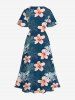 Plus Size Hibiscus Flower Tropical Leaf Print Split Hawaii Midi Dress - Paon Bleu S