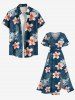Plus Size Hibiscus Flower Tropical Leaf Print Split Hawaii Midi Dress - Paon Bleu S