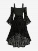 Robe asymétrique grande taille à épaules dénudées, manches évasées, flocage fleuri, ceinturée - Noir 4X | US 26-28