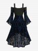 Plus Size Cold Shoulder Flare Sleeve Flower Flocking Belted High Low Asymmetric Dress -  