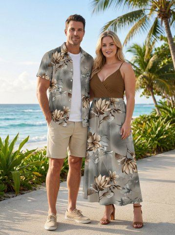 Flower Leaf Ombre Print Plus Size Matching Hawaii Beach Outfit For Couples - BROWN