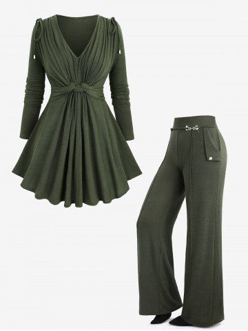 Solid Color Cinched Twisted Sweater and Pintuck Buckle Waist Wide Leg Pants Plus Size Outfit - DEEP GREEN