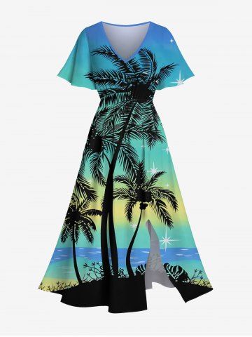 Robe midi fendue hawaïenne à imprimé ombré mer et ciel CoconuT Tree, grande taille - SKY BLUE - 2X