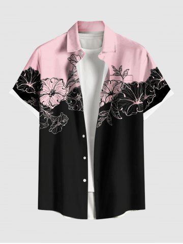 Chemise hawaïenne grande taille pour homme, à imprimé colorblock de fleurs d'hibiscus et de feuilles, boutons et poche. - LIGHT PINK - 4XL