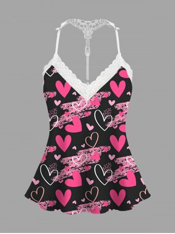 Plus Size Valentine's Day Heart Graffiti Print Lace Trim Strappy Slip Pajama Top - BLACK - M