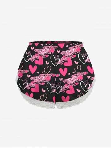 Short de pyjama grande taille à imprimé graffiti cœurs et bordure en dentelle, idéal pour la Saint-Valentin - BLACK - S