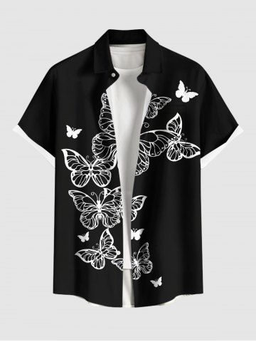 Plus Size Butterfly Print Buttons Pocket Hawaii Shirt For Men - BLACK - 4XL
