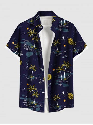 Chemise hawaïenne grande taille pour homme, imprimé cocotiers, voiliers et lune, boutons et poche. - NAVY BLUE - XL