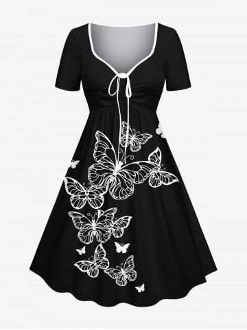 Plus Size Butterfly Print Cinched Hawaii Dress - BLACK - 3X