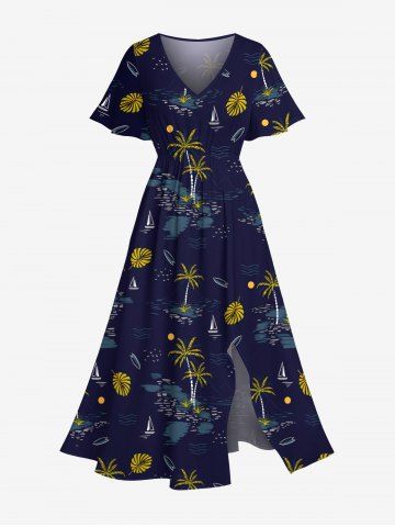 Robe midi fendue hawaïenne à imprimé cocotier, voilier et lune, grande taille - BLACK - 1X