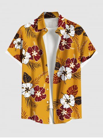 Plus Size Hibiscus Flower Leaf Print Buttons Pocket Hawaii Shirt For Men - ORANGE - 6XL