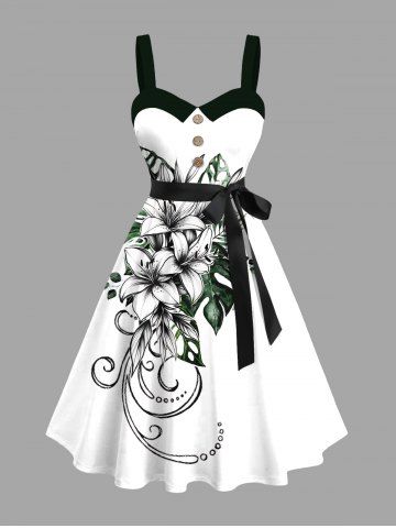 Robe trapèze grande taille à imprimé floral et branches, style hawaïen, boutonnée et avec ceinture amovible - WHITE - 4X