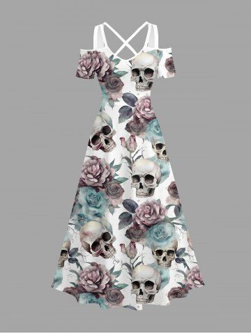 Plus Size Skulls Rose Flowers Print Cold Shoulder Crisscross Hawaii Maxi Dress - WHITE - 3X