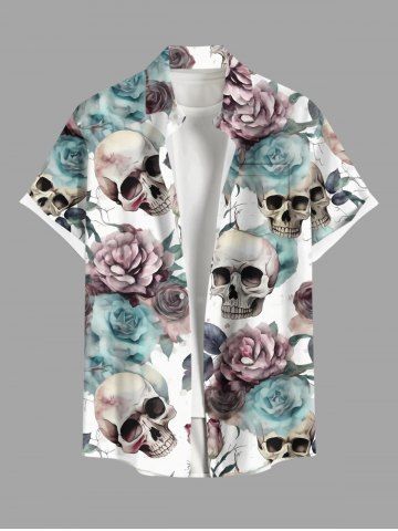 Plus Size Skulls Rose Flowers Print Buttons Pocket Hawaii Shirt For Men - BLACK - S