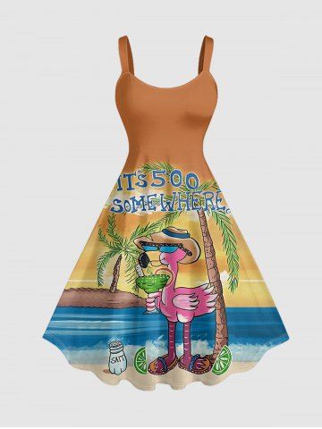 Robe débardeur hawaïenne grande taille imprimée cocotiers flamants roses paysage marin jus de fruits - ORANGE - XXS