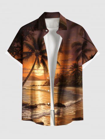 Chemise à boutons pour homme, grande taille, imprimé hawaïen, cocotier et mer ombrée, style Hawaï. - BROWN - 6XL