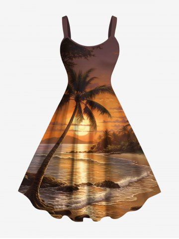 Robe trapèze hawaïenne à imprimé ombré de cocotiers et de mer, grande taille - BROWN - 1X