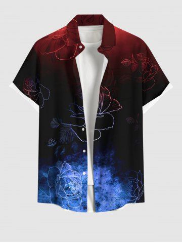 Chemise à poches boutonnées grande taille pour homme, imprimé floral hawaïen dégradé, style peinture à l'encre - BLACK - 4XL