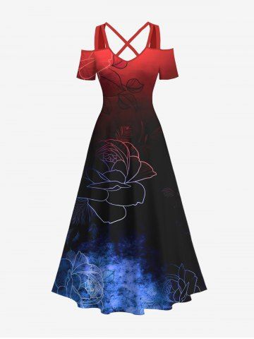 Plus Size Ink Painting Line Flower Print Hawaii Ombre Crisscross A Line Maxi Dress - MULTI-A - 5X