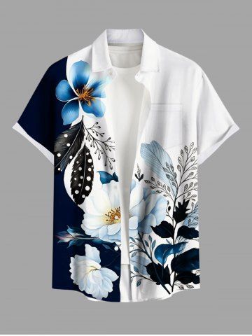 Chemise hawaïenne à imprimé floral, feuilles et branches, grande taille, avec poche boutonnée, pour hommes - DEEP BLUE - 4XL