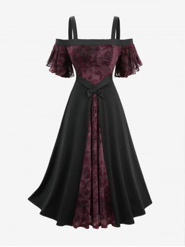 Plus Size Rose Flower Flocking Patchwork Ruffles Cold Shoulder Vintage Dress - BLACK - L | US 12