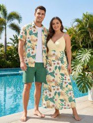 Hibiscus Flower Tropical Leaf Print Plus Size Matching Hawaii Beach Outfit For Couples -  