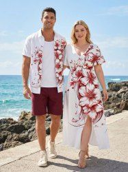 Flower Sea Waves Print Plus Size Matching Hawaii Beach Outfit For Couples -  