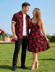 Valentine's Day Heart Lips Print Plus Size Matching Outfit For Couples -  