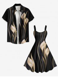 Ensemble de plage hawaïen assorti grande taille à imprimé lys pour couples - Noir 