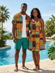 Ethnic Graphic Flower Fish Pineapple Print Plus Size Matching Hawaii Beach Outfit For Couples -  