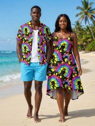 Colorful Tie Dye Graffiti Painting Splatter Printed Plus Size Matching Hawaii Beach Outfit For Couples -  
