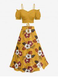 Hibiscus Flower Tropical Leaf Print Plus Size Hawaii Matching Set -  