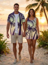 Matching Hawaii Shirt and Romper Plus Size Beach Outfit Coconut Tree Ombre Printed for Couples -  