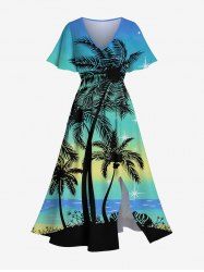 Plus Size CoconuT Tree Sea Ombre Sky Print Split Hawaii Midi Dress -  