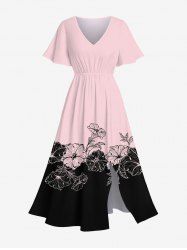 Plus Size Hibiscus Flowers Leaf Colorblock Print Split Hawaii Midi Dress -  