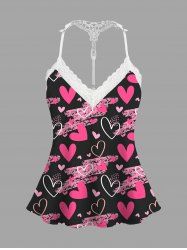 Haut de pyjama nuisette grande taille à imprimé graffiti cœurs et bordure en dentelle, avec bretelles, idéal pour la Saint-Valentin. - Noir XL