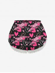 Short de pyjama nuisette grande taille à imprimé graffiti cœur et bordure en dentelle, idéal pour la Saint-Valentin - Noir XL