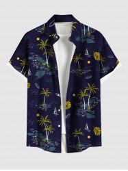 Chemise hawaïenne grande taille pour homme, imprimé cocotiers, voiliers et lune, boutons et poche. - Bleu Marine 6XL
