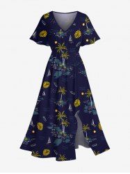 Robe midi fendue hawaïenne à imprimé cocotier, voilier et lune, grande taille - Noir XXS