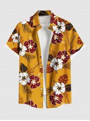 Plus Size Hibiscus Flower Leaf Print Buttons Pocket Hawaii Shirt For Men -  