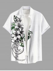 Plus Size Flower Leaf Branch Curve Print Hawaii Button Pocket Shirt For Men -  